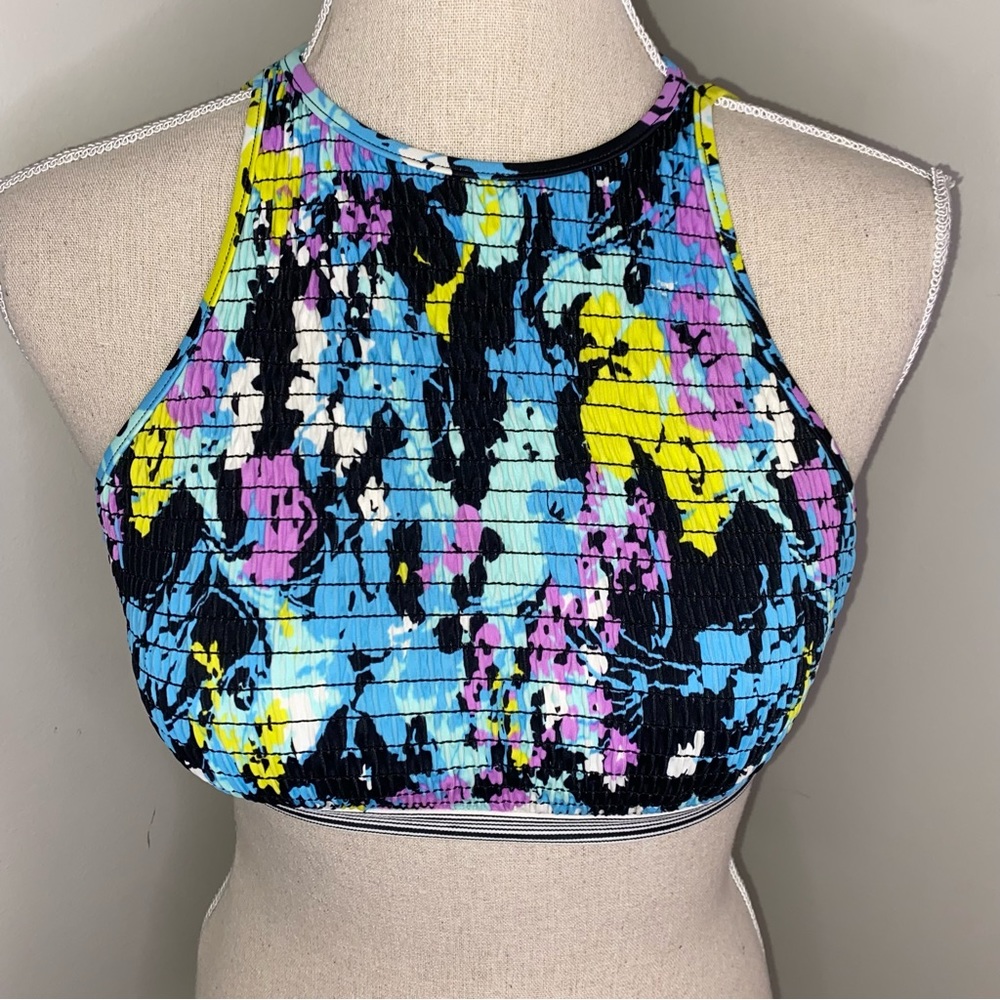 Lands End high neck smocked floral halter tie back bikini swim top Small 4-6